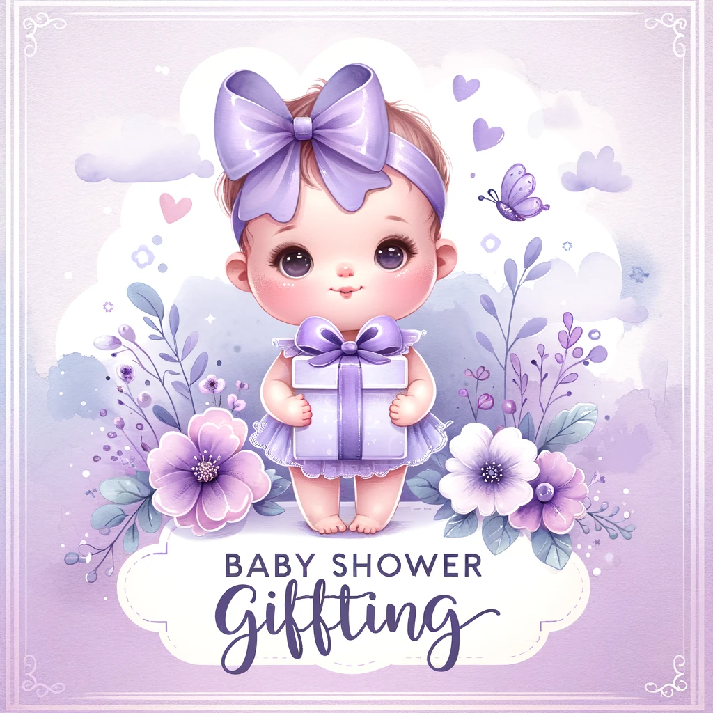 A charming image for a baby shower gifting theme with a soft lavender and purple color palette. The image features a cute cartoon baby wearing a laven