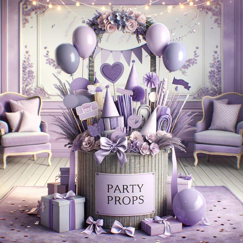 arranged party props hamper in a lavender theme.