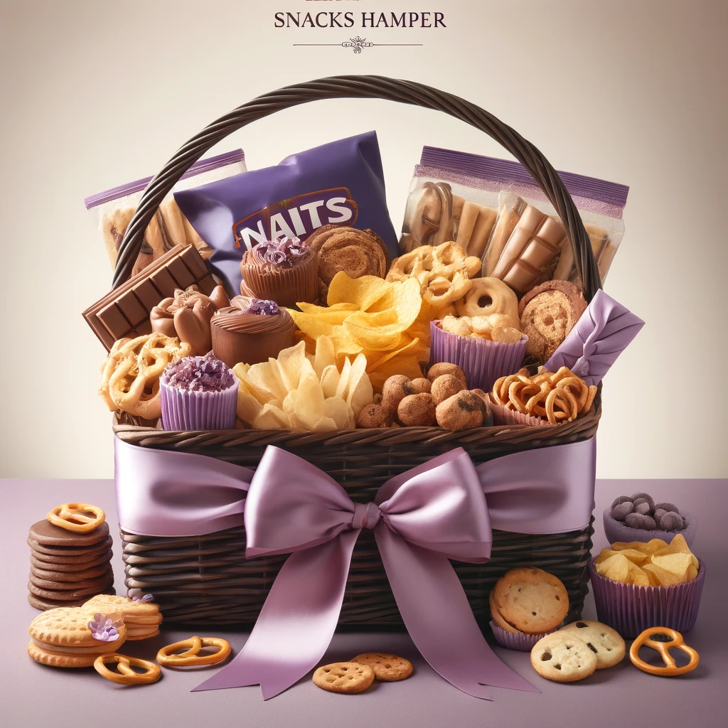 arranged snacks hamper. The hamper features a variety of snacks such as chips, nuts, chocolates, cookies, and pretzels.