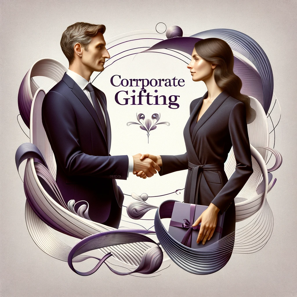 image representing corporate gifting with a professional man in a navy suit and a woman in a sleek charcoal dress engaged in a hand